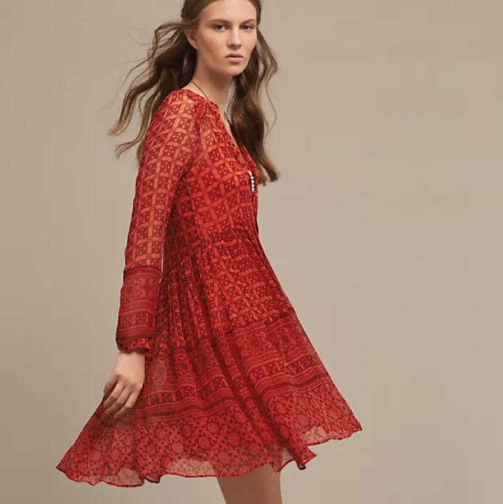 Anthropologie Maeve Long Sleeve Red Dress. (Slip Included). EUC